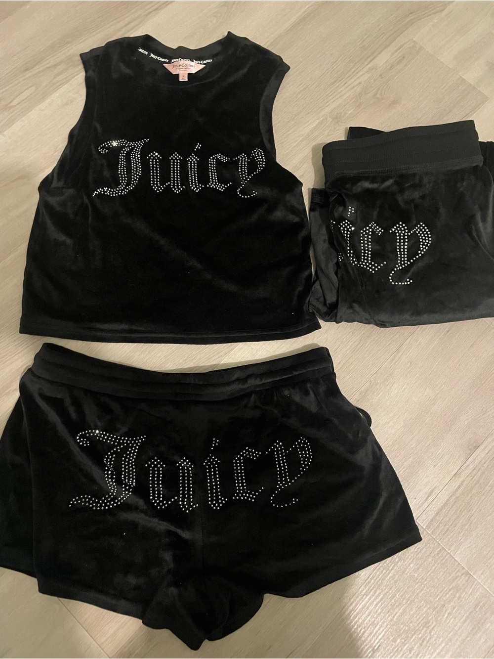 Juicy Couture Black Velour Rhinestone Logo Set - Tank, Pants, & Shorts